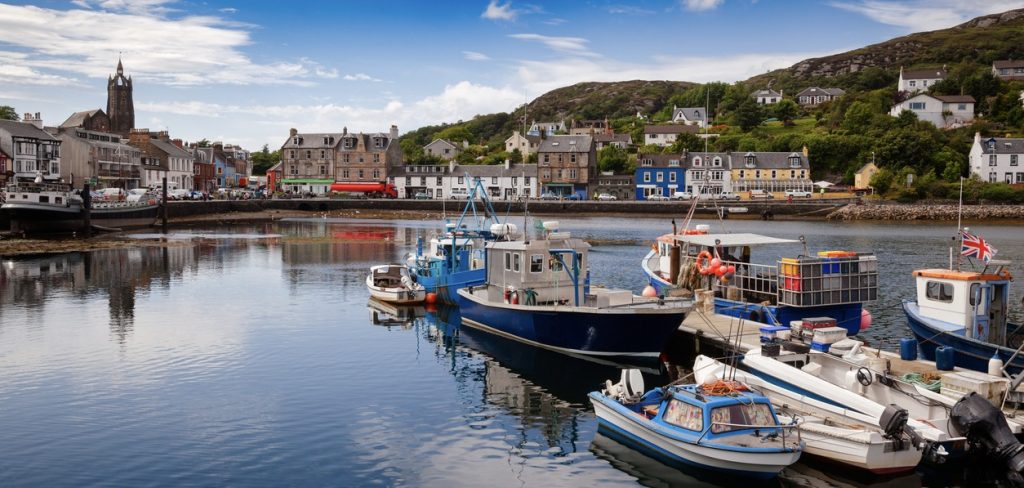 Moored boats in Tarbert Harbour on the Argyll and Bute coast